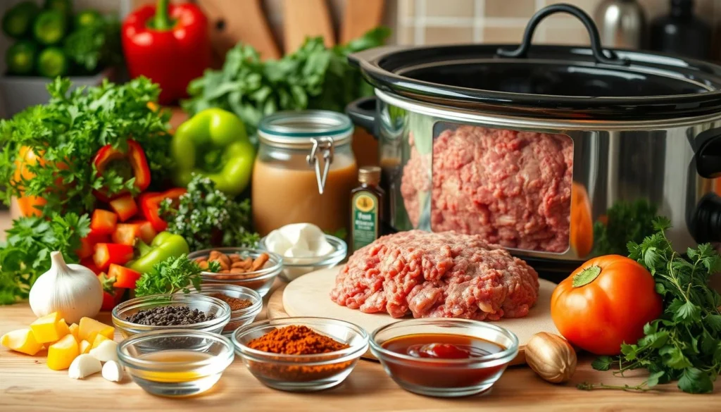 Hamburger Meat in Crockpot Ingredients Delicious Tex-Mex taco soup featuring chop meat, beans, corn, and tomatoes, a comforting Crock Pot recipe.