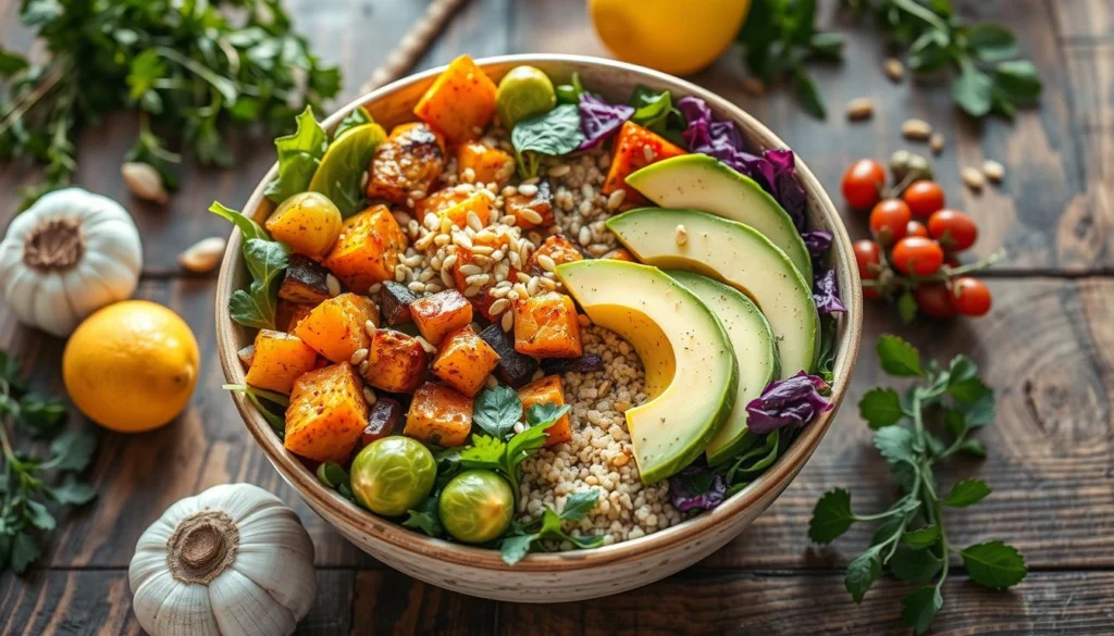 A vibrant Harvest Bowl featuring roasted sweet potatoes, Brussels sprouts, quinoa, avocado slices, and pumpkin seeds on a rustic wooden table.