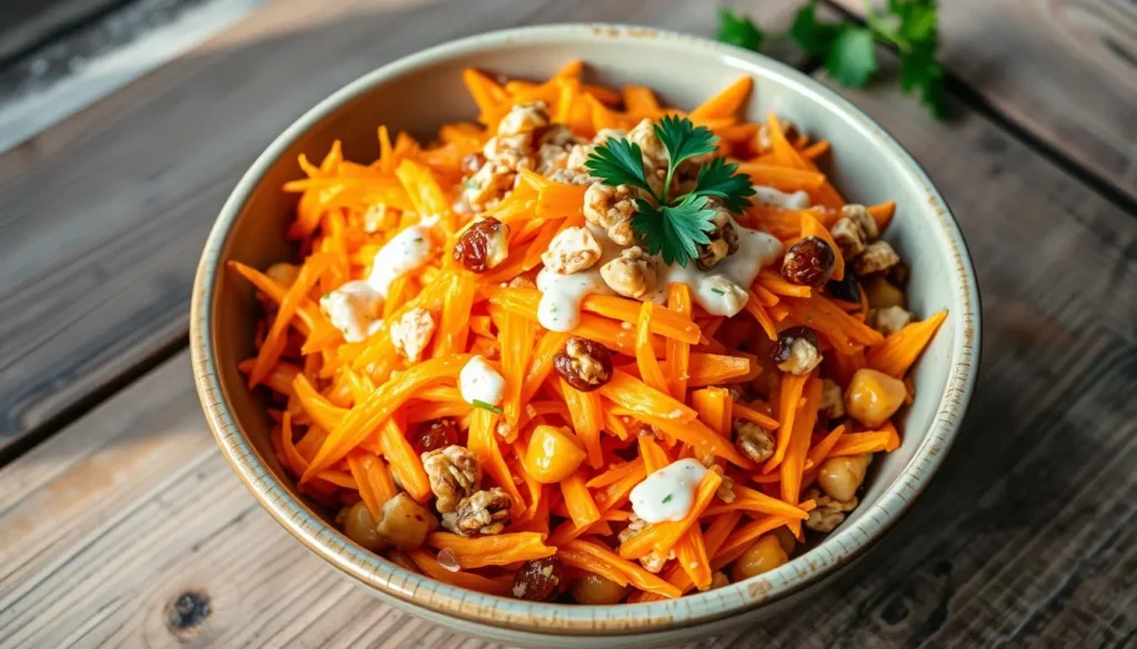 Healthy Carrot Raisin Salad Fresh ingredients for carrot raisin salad, including shredded carrots, golden raisins, Greek yogurt, and lemon slices on a wooden table.