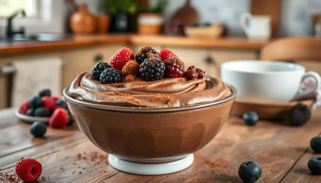 Healthy Chocolate Mousse Recipe A layered cottage cheese parfait with granola, fresh fruit, and a drizzle of honey, presented in a clear glass.