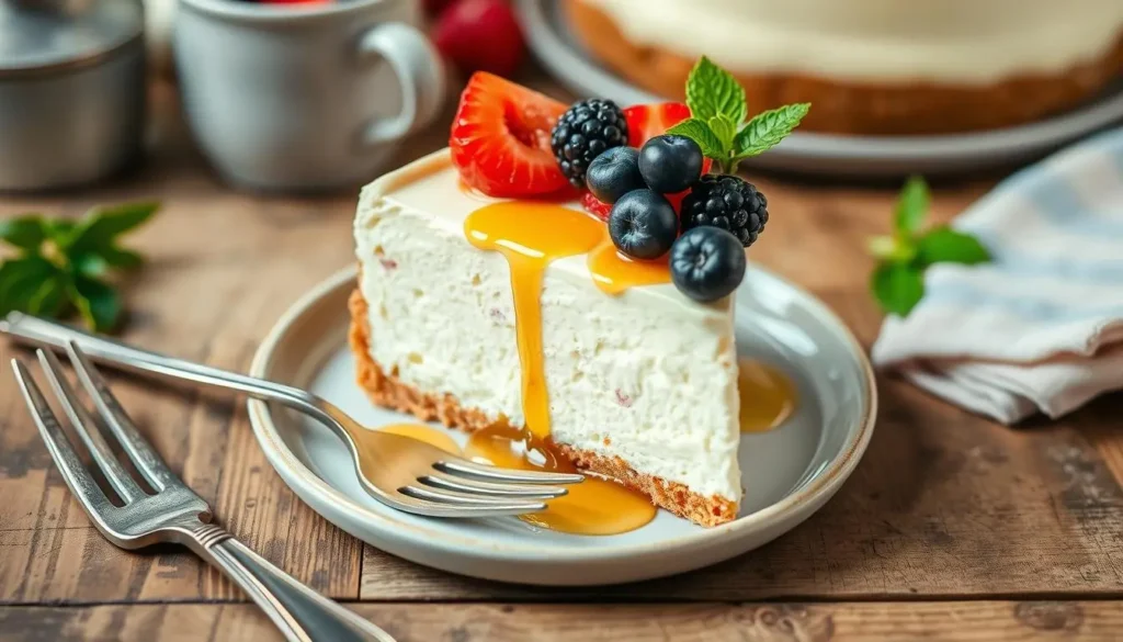 High-Protein Cottage Cheese Cheesecake An assortment of cottage cheese desserts including cheesecake, mousse, and parfaits, arranged on a wooden table with soft natural lighting.