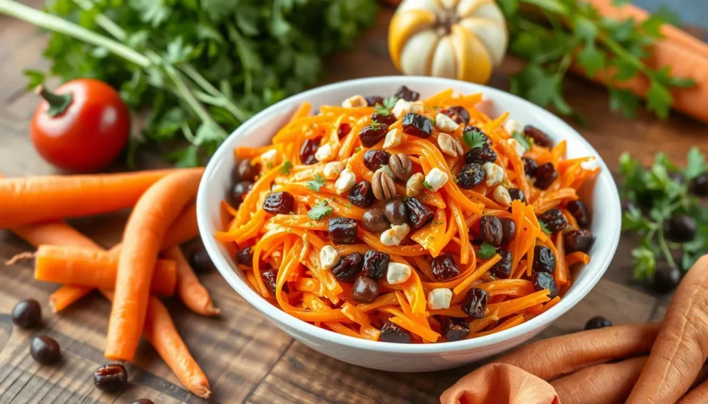 Homemade Carrot Raisin Salad A beautifully presented carrot raisin salad served in a rustic bowl on a wooden table, surrounded by fresh herbs and nuts.