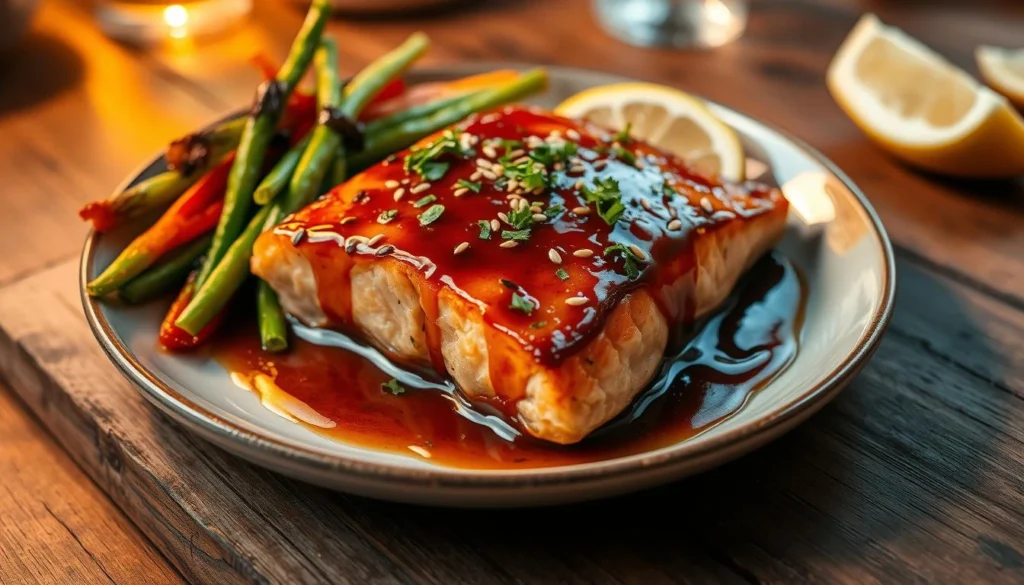 A beautifully presented plate of honey garlic glazed salmon drizzled with glossy caramelized sauce, garnished with sesame seeds and fresh herbs, served with steamed vegetables and lemon slices.