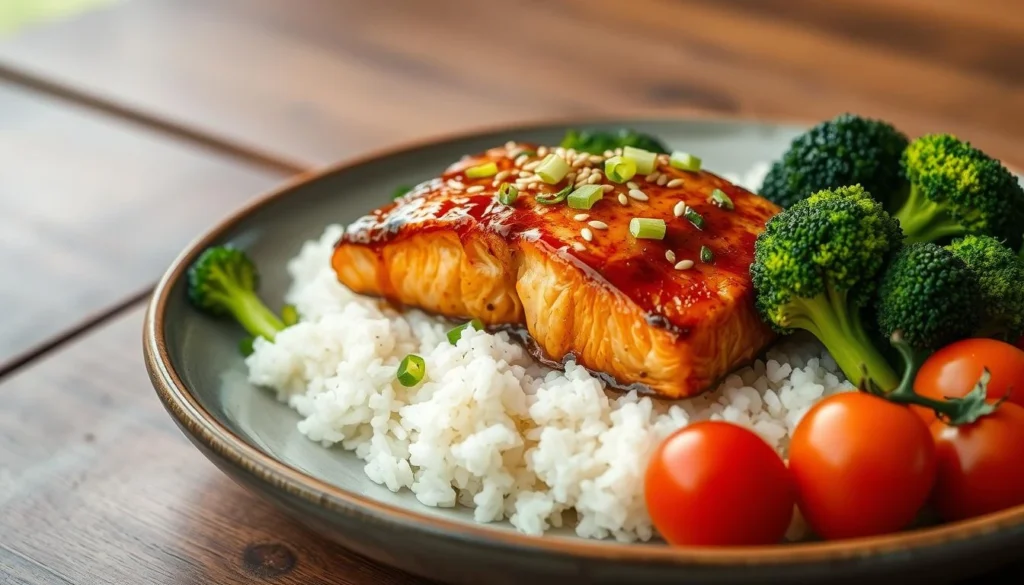 Honey Garlic Salmon Dish Honey garlic glazed salmon served on a bed of fluffy jasmine rice, surrounded by vibrant steamed broccoli and cherry tomatoes on a rustic wooden table.