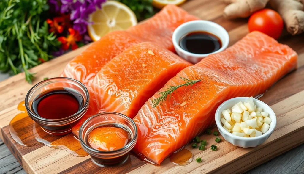 Honey Soy Salmon Ingredients Raw salmon fillets on a wooden cutting board with bowls of honey, soy sauce, minced garlic, fresh ginger, and green onions, surrounded by citrus slices and fresh herbs.