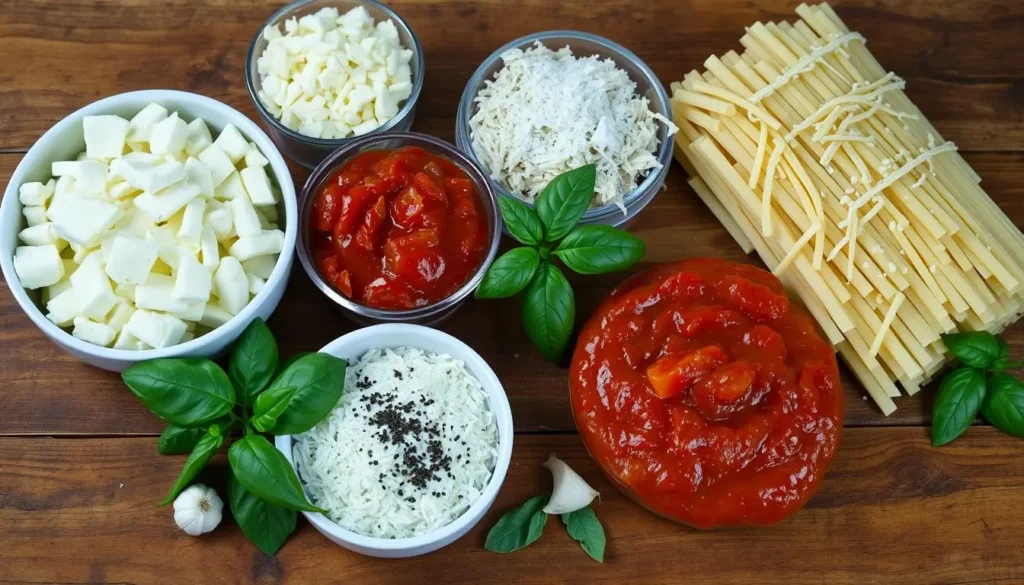Layering pasta with marinara sauce and cheese in a casserole dish.