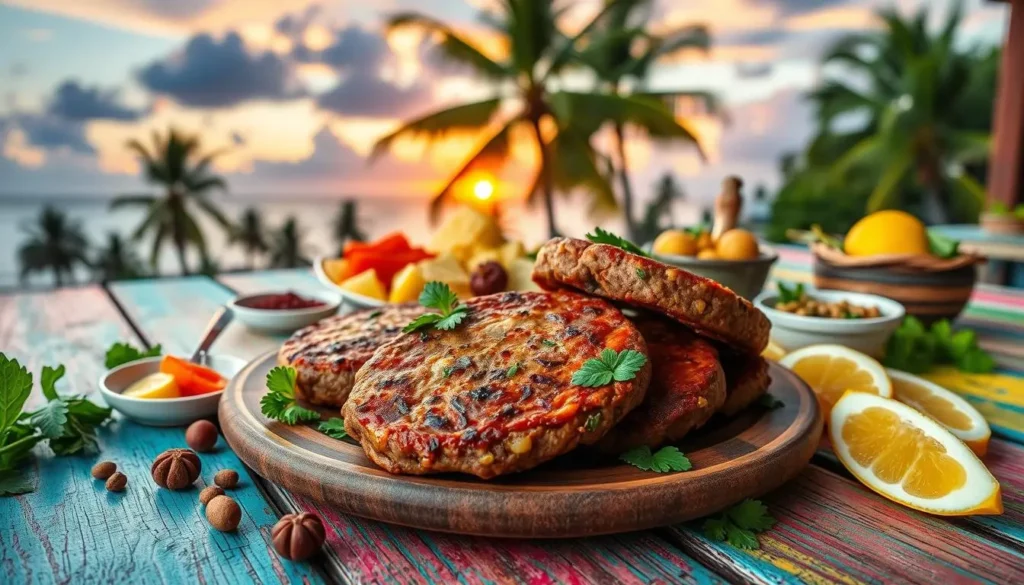 Jamaican Beef Patty Cultural Heritage Essential ingredients for Jamaican beef patties, including ground beef, chopped onions, garlic cloves, curry powder, and fresh thyme on a wooden table.