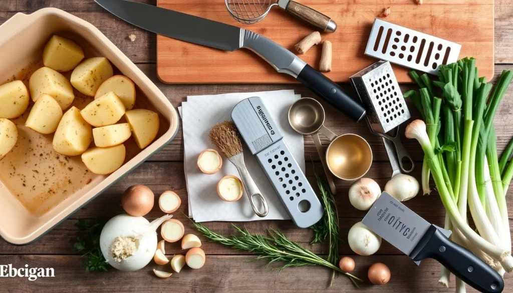 Kitchen Tools for Baked Potatoes and Onions French Onion Baked Potatoes served on a white plate with a side of arugula salad, garnished with fresh herbs and paired with a glass of white wine.