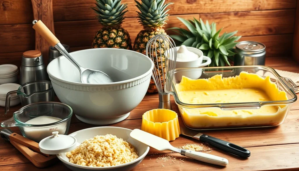 A close-up view of a golden and crispy Ritz cracker topping on a pineapple casserole, with melted butter glistening under warm kitchen lighting.