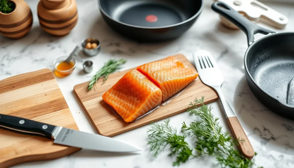 Kitchen Tools for Salmon Preparation Essential kitchen tools for making honey garlic glazed salmon, including a sharp knife, wooden cutting board, fish spatula, and a non-stick skillet, beautifully arranged on a countertop.