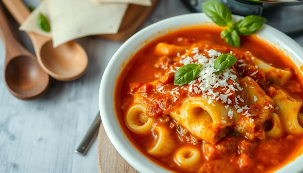 A steaming bowl of hearty lasagna soup topped with melted cheese, fresh basil, and a sprinkle of parmesan, served on a rustic wooden table.
