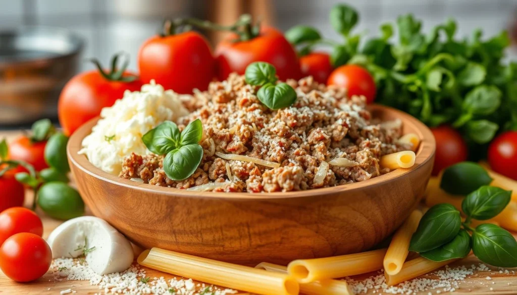 Lasagna Soup Ingredients A pot of lasagna soup simmering on a stovetop, with visible pasta, ground meat, and a rich tomato broth, surrounded by cooking utensils.