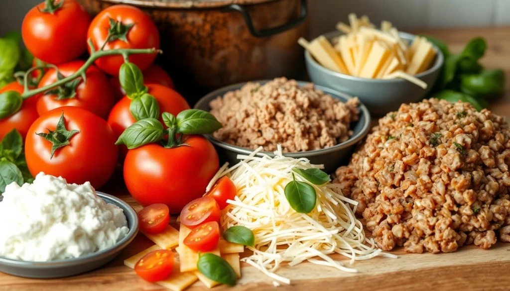Lasagna Soup Ingredients Preparation An assortment of lasagna soup ingredients, including fresh tomatoes, garlic, ricotta cheese, ground meat, uncooked pasta, and vibrant basil leaves.