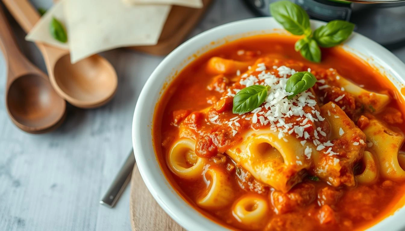 A steaming bowl of hearty lasagna soup topped with melted cheese, fresh basil, and a sprinkle of parmesan, served on a rustic wooden table.