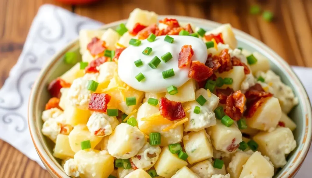 Loaded Potato Salad Recipe An arrangement of baked potato salad ingredients including golden-brown baked potatoes, crispy bacon bits, shredded cheddar cheese, sour cream, and chopped green onions.