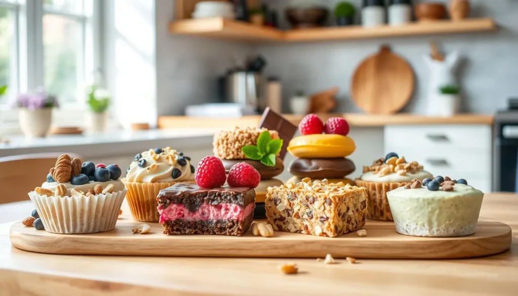 A rustic display of natural sweeteners like stevia, erythritol, and monk fruit, alongside baking ingredients like almond flour and cocoa powder.