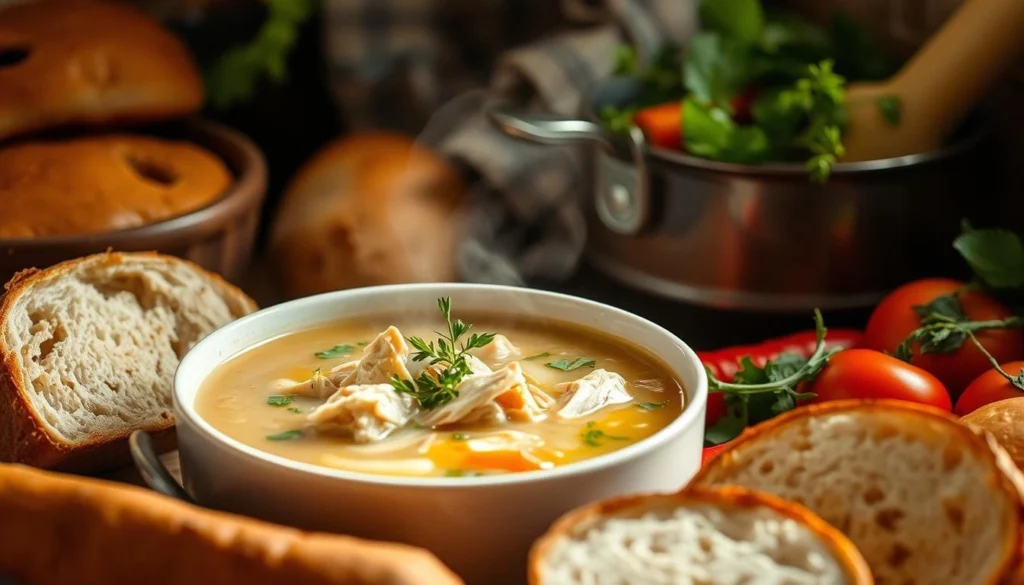 A steaming bowl of Marry Me Chicken Soup with shredded chicken, sun-dried tomatoes, and spinach in a creamy Parmesan broth, served in a rustic setting.