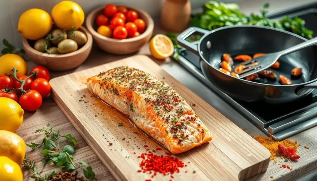 Salmon sizzling in a skillet with paprika, garlic, and olive oil.