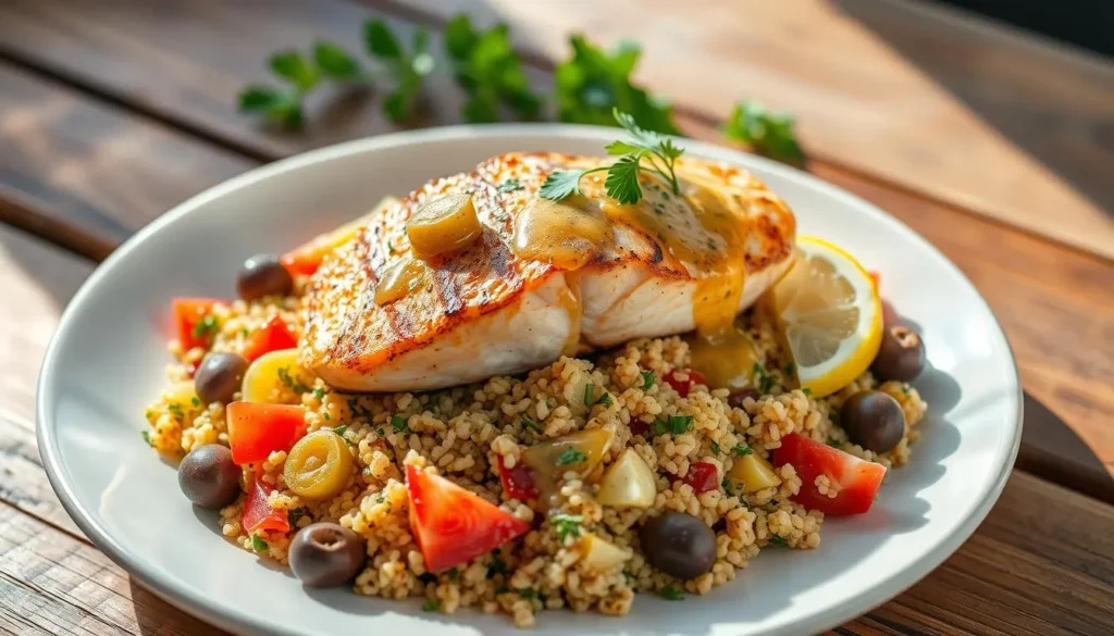 Fresh salmon fillets, cherry tomatoes, olives, garlic, and herbs on a wooden surface.