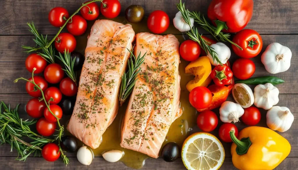 Preparing salmon with olive oil, garlic, and Mediterranean herbs.
