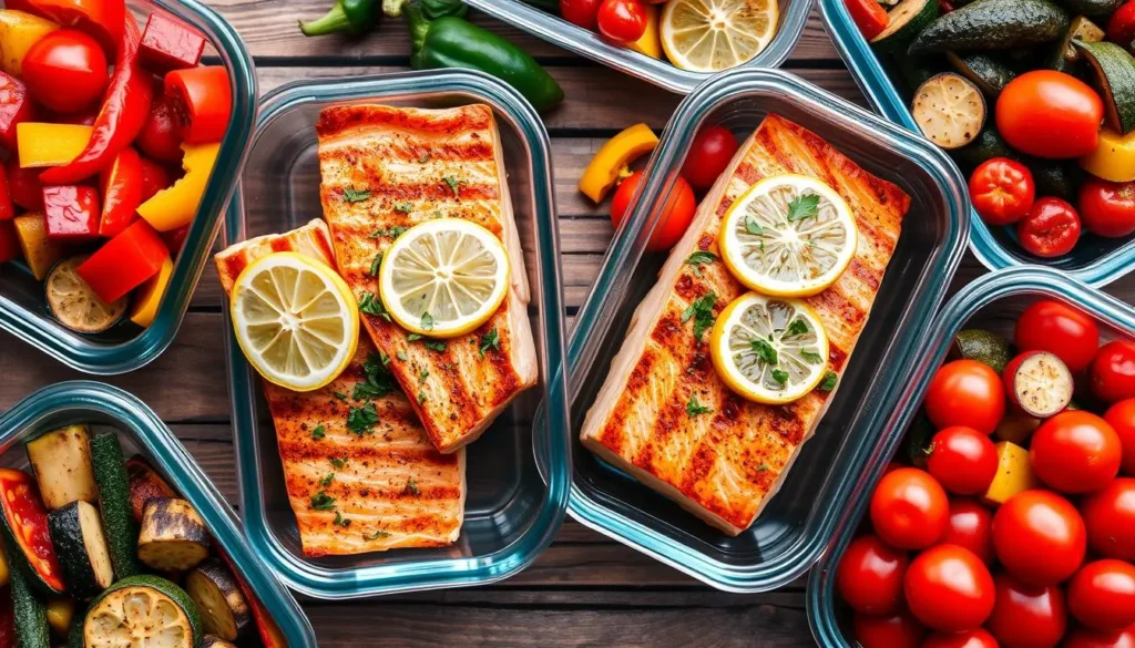 Salmon garnished with olives, sun-dried tomatoes, parsley, and olive oil drizzle.