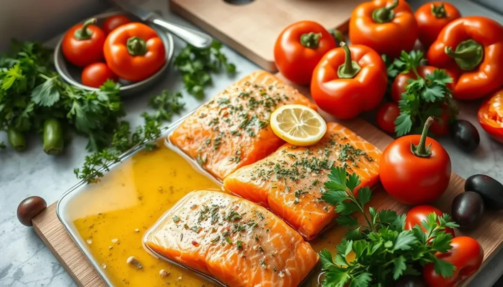 Salmon fillet wrapped in parchment paper with vegetables and fresh herbs.