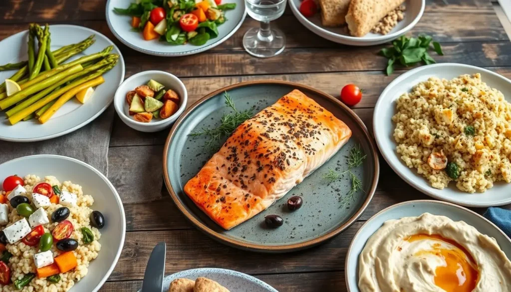 Grilled salmon served with arugula, cucumber, and feta salad.