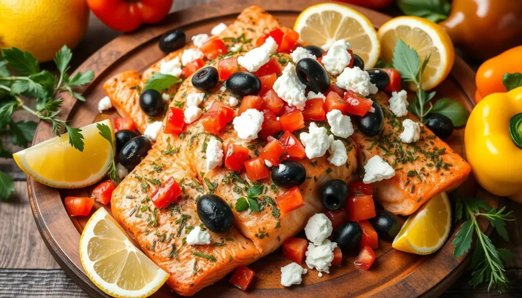 Meal prep containers with grilled salmon fillets, roasted vegetables, and lemon wedges.