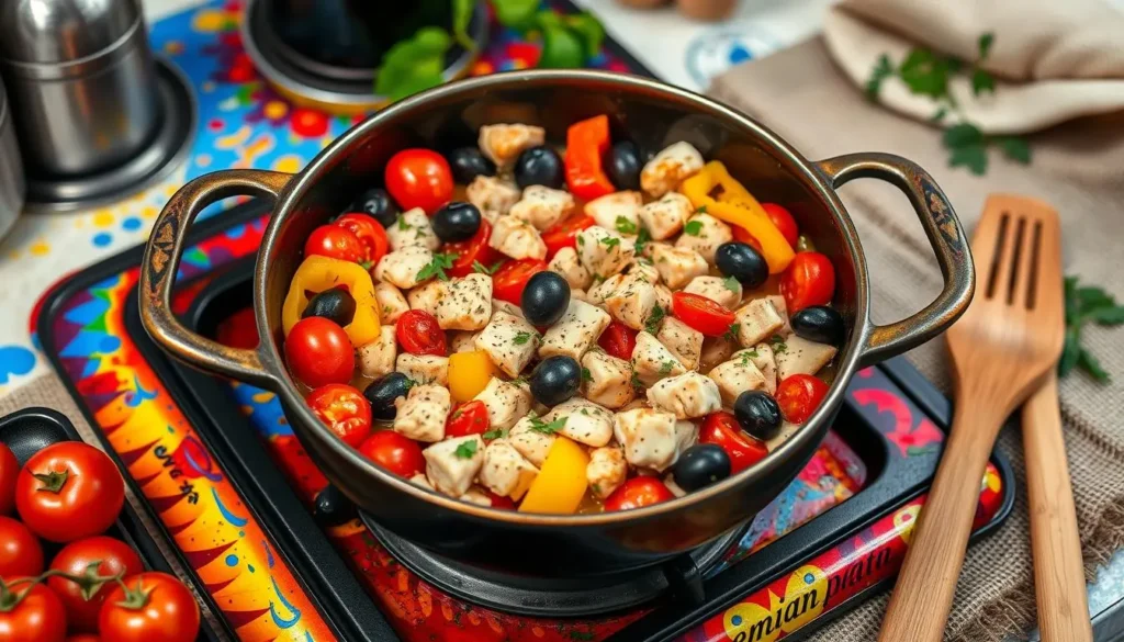One-pan Mediterranean chicken skillet with diced chicken, cherry tomatoes, olives, and bell peppers.