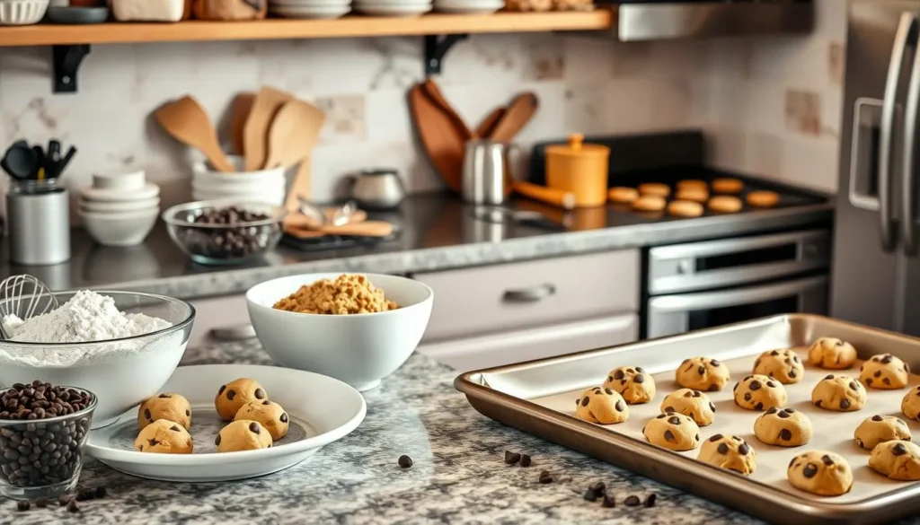 Nestle Chocolate Chip Cookies Preparation Mixing bowl with cookie dough being prepared, featuring chocolate chips and a spatula