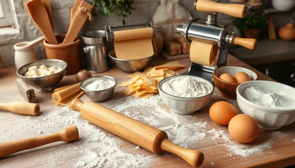 Pasta Making Tools and Kitchen Equipment A wooden countertop with pasta-making tools such as a rolling pin, a hand-cranked pasta machine, and fresh pasta dough ready to be shaped.