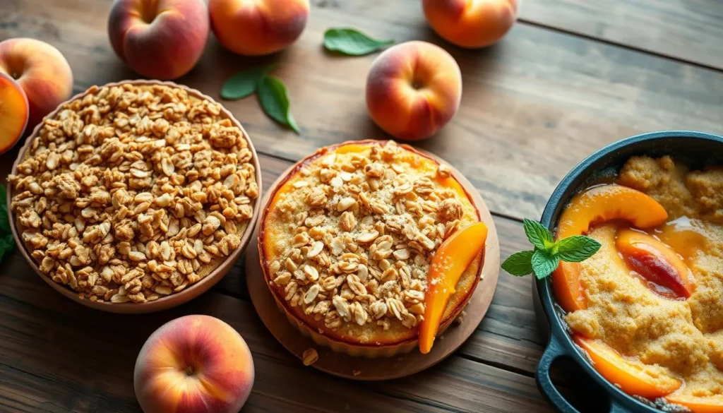 Peach Dessert Varieties Variety of peach desserts, including peach cobbler, peach crisp, and peach crumble, served on white plates