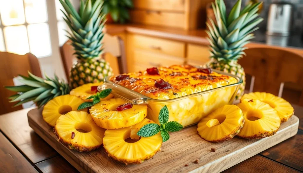 A golden-brown pineapple casserole with a buttery Ritz cracker topping, served in a rustic ceramic baking dish surrounded by fresh pineapple chunks and sprigs of mint.