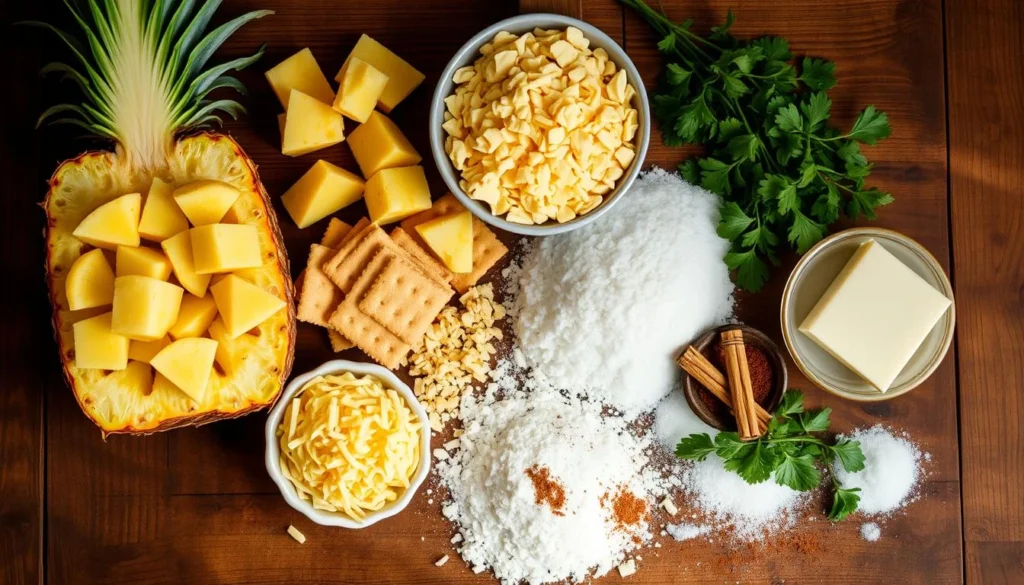 An artfully arranged flat lay of pineapple casserole ingredients, including fresh pineapple chunks, grated cheese, crushed crackers, butter, sugar, and flour on a wooden kitchen table.