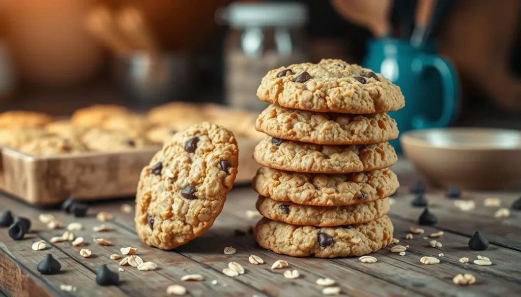 A plate of freshly baked oatmeal cookies next to a glass of milk on a rustic wooden table.