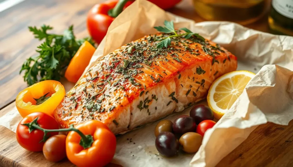 Roasted vegetables, Greek salad, and couscous paired with a grilled salmon fillet.