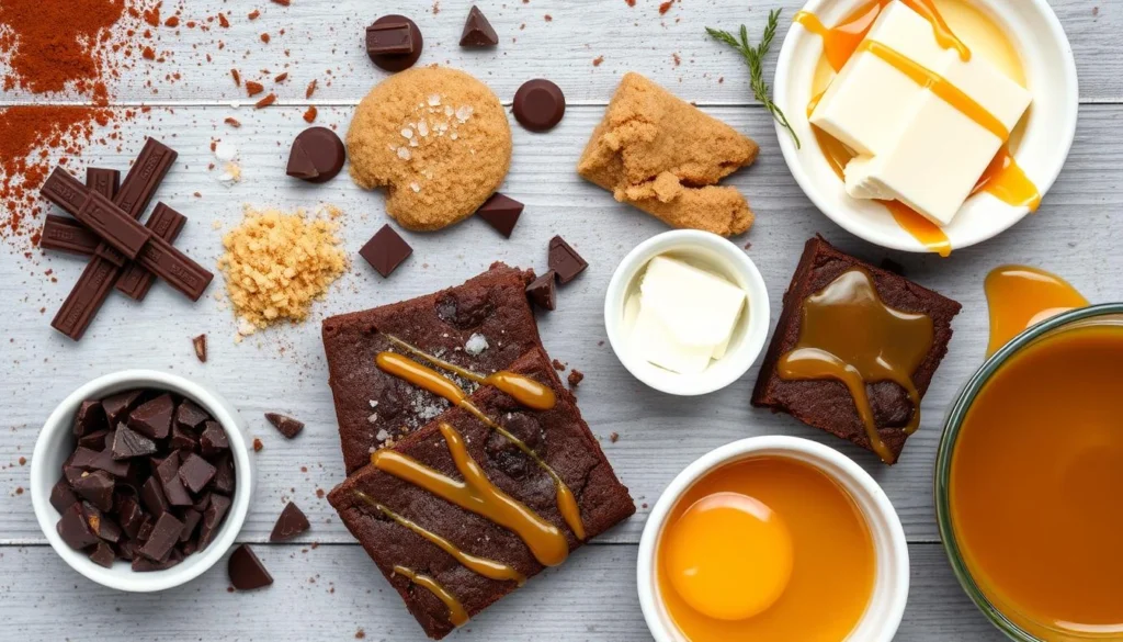 Salted Caramel Brownie Ingredients Brownies drizzled with golden salted caramel sauce, highlighted by warm lighting to emphasize their gooey texture and shiny topping.