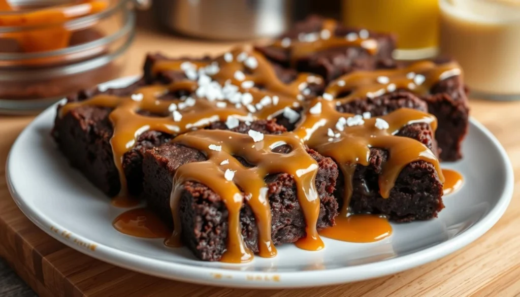 Salted Caramel Brownies Delights Flat lay of ingredients for salted caramel brownies, including chocolate chunks, eggs, butter, sugar, flour, and sea salt on a wooden surface.