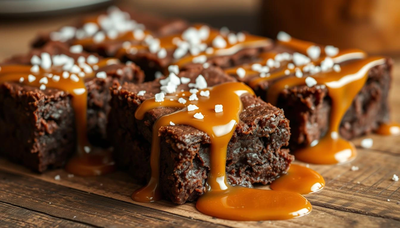 A close-up of fudgy, rich brownie squares topped with glossy salted caramel and a sprinkle of sea salt on a rustic wooden table.