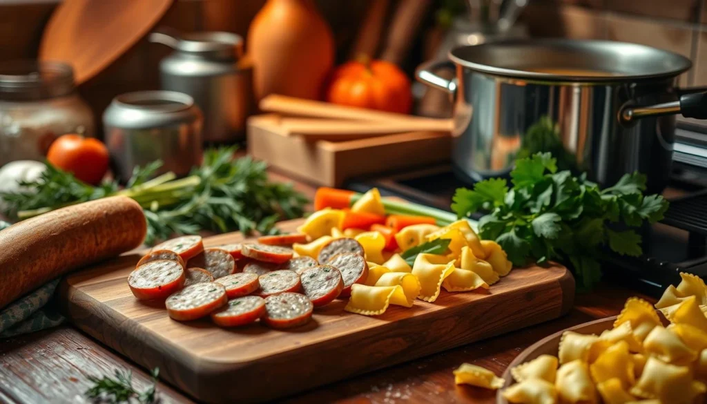 Sausage Tortellini Soup Preparation Fresh ingredients for Italian Sausage Tortellini Soup, including sausage, cheese tortellini, spinach, diced tomatoes, and aromatic herbs on a rustic wooden table.