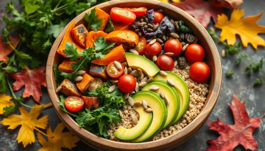 Seasonal Harvest Bowl Ingredients A small glass jar of balsamic tahini dressing surrounded by fresh ingredients like garlic cloves, lemon, and olive oil.