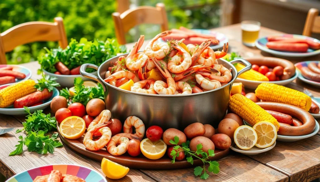 Shrimp boil with fresh shrimp, corn, red potatoes, and sausage, seasoned with Old Bay and served on a rustic table.
