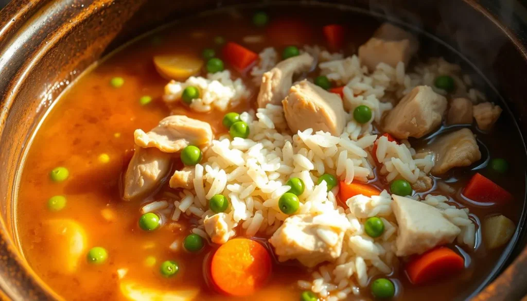 A steaming bowl of slow cooker chicken and rice with tender chicken, fluffy rice, and colorful vegetables like peas and carrots in a creamy sauce.