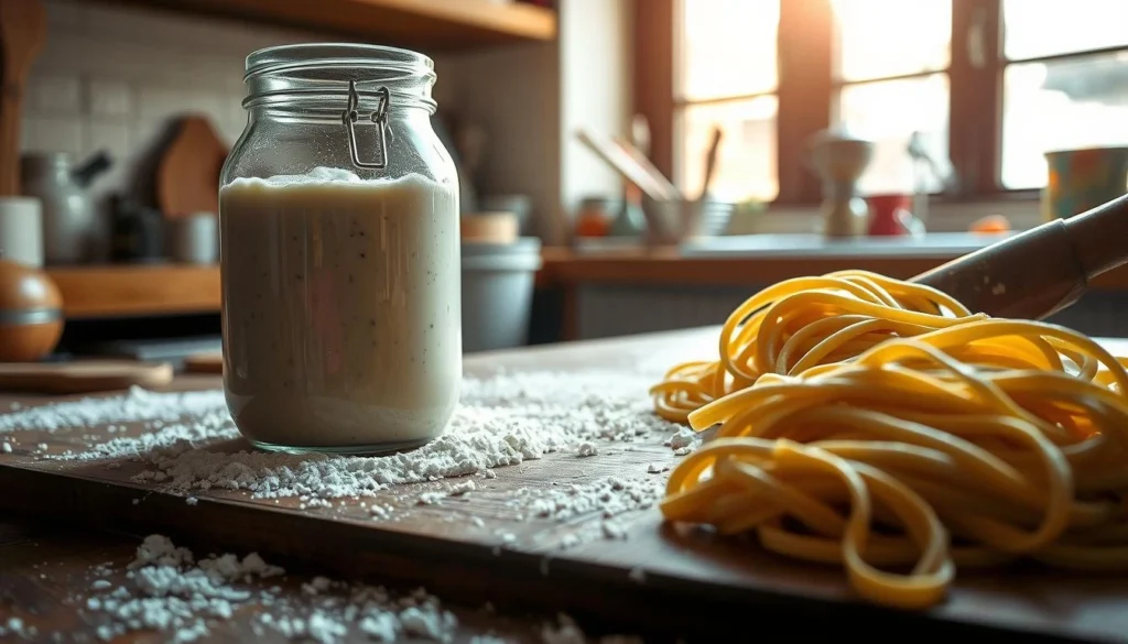 Sourdough Pasta Fermentation Process A glass jar of bubbly sourdough starter on a wooden surface, with flour and fresh pasta dough being kneaded nearby.