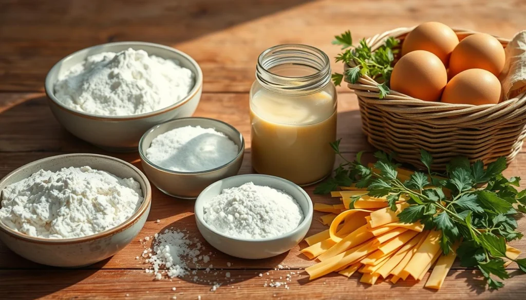 Sourdough Pasta Ingredients An artistic arrangement of sourdough pasta ingredients, including a bowl of flour, a jar of starter, fresh eggs, olive oil, and a sprinkle of sea salt.