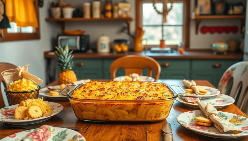 A cozy Southern-style kitchen table with a freshly baked pineapple casserole, vibrant floral plates, vintage silverware, and colorful ingredients like shredded cheese, crackers, and pineapple pieces.