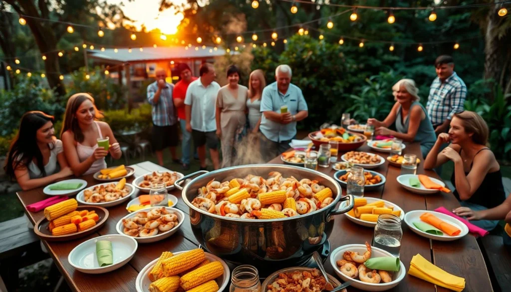 Southern Shrimp Boil Tradition Large pot boiling shrimp, corn, and potatoes with Old Bay seasoning for a classic seafood boil.