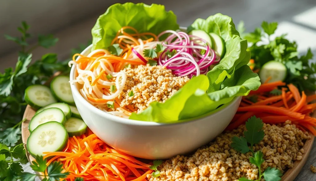 Spring Roll Bowl Base Options A beautifully presented spring roll bowl with rice noodles, grilled tofu, shredded carrots, cucumber ribbons, and mint leaves, garnished with crushed peanuts and a drizzle of peanut sauce.