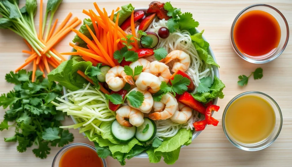 Spring Roll Bowl Ingredients A small bowl of Thai-inspired dipping sauce with ingredients like lime wedges, minced garlic, red pepper flakes, and a drizzle of soy sauce placed around it on a rustic table.