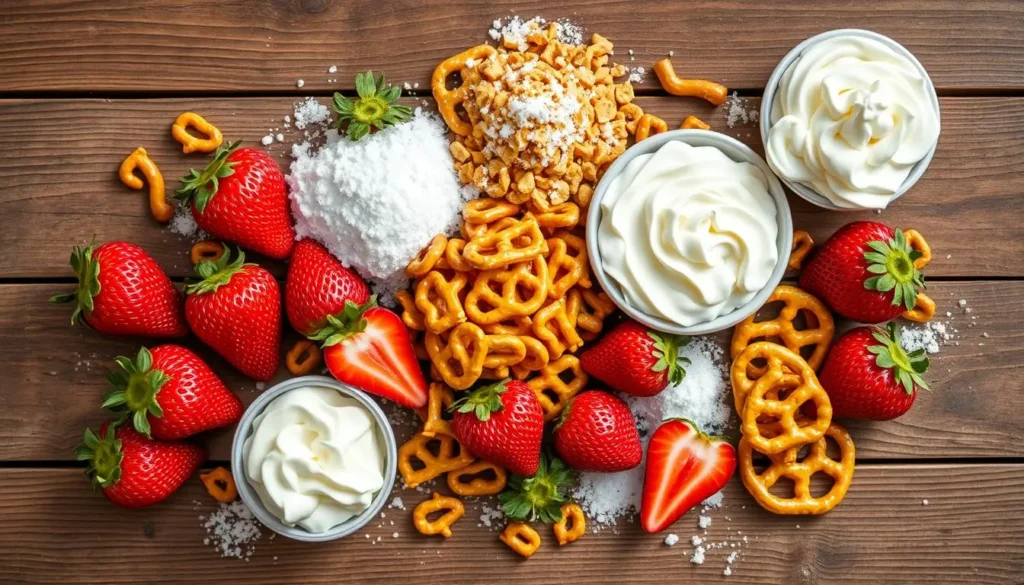 A smooth cream cheese layer being spread over a baked pretzel crust in a 9x13-inch dish, ensuring even coverage for the dessert.